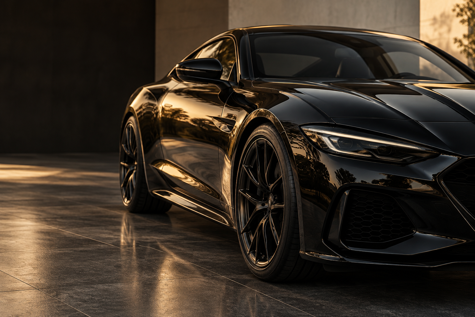 A glossy black coupe with warm gold reflections
